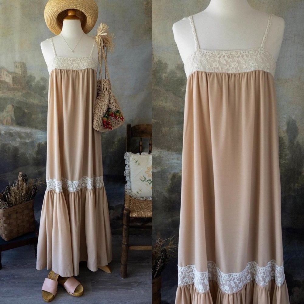 Vintage 70s Lace Maxi Dress Tan Coco California Prairie Cottagecore Boho Summer